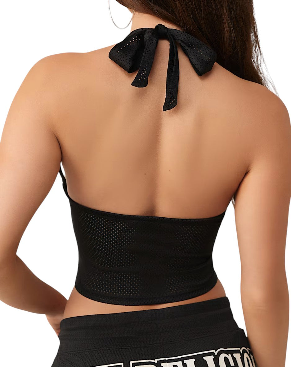 On Time Fashions True Religion black mesh halter top with tie neck. Sporty streetwear style.