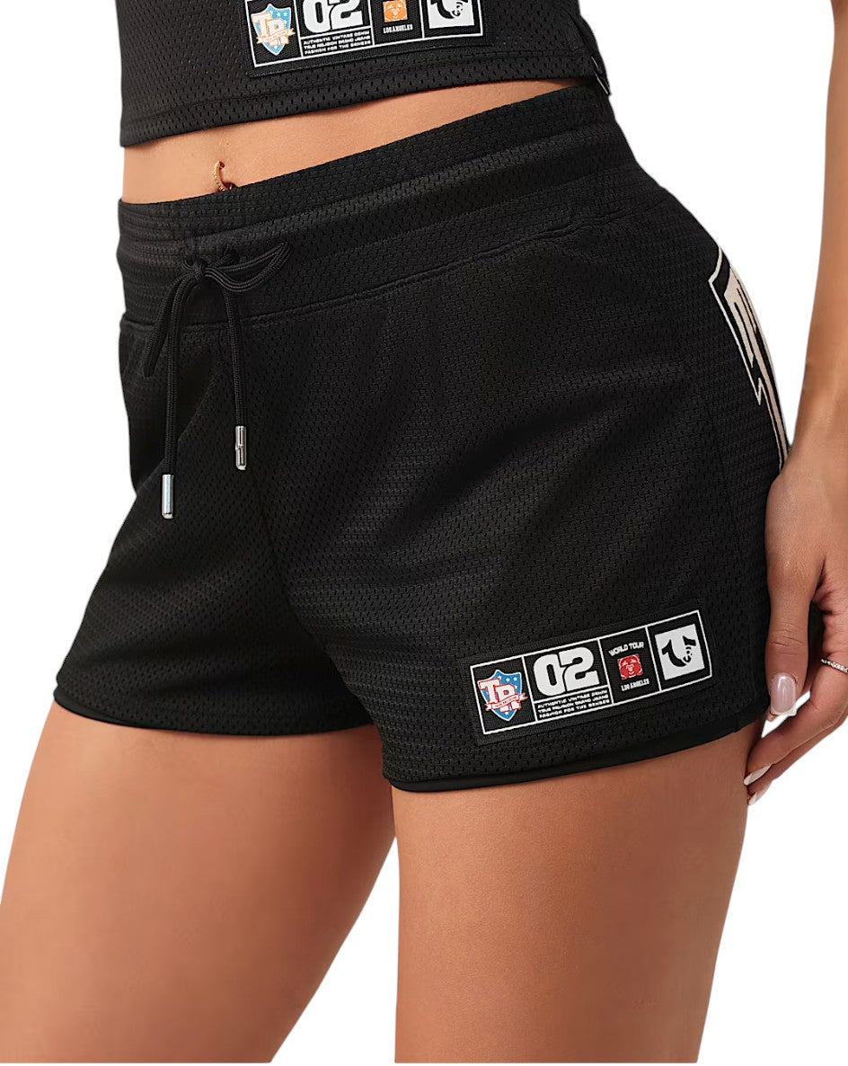 On Time Fashions True Religion black mesh shorts with adjustable drawcord and logo patch. Fully lined for comfort.