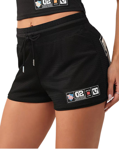 On Time Fashions True Religion black mesh shorts with adjustable drawcord and logo patch. Fully lined for comfort.