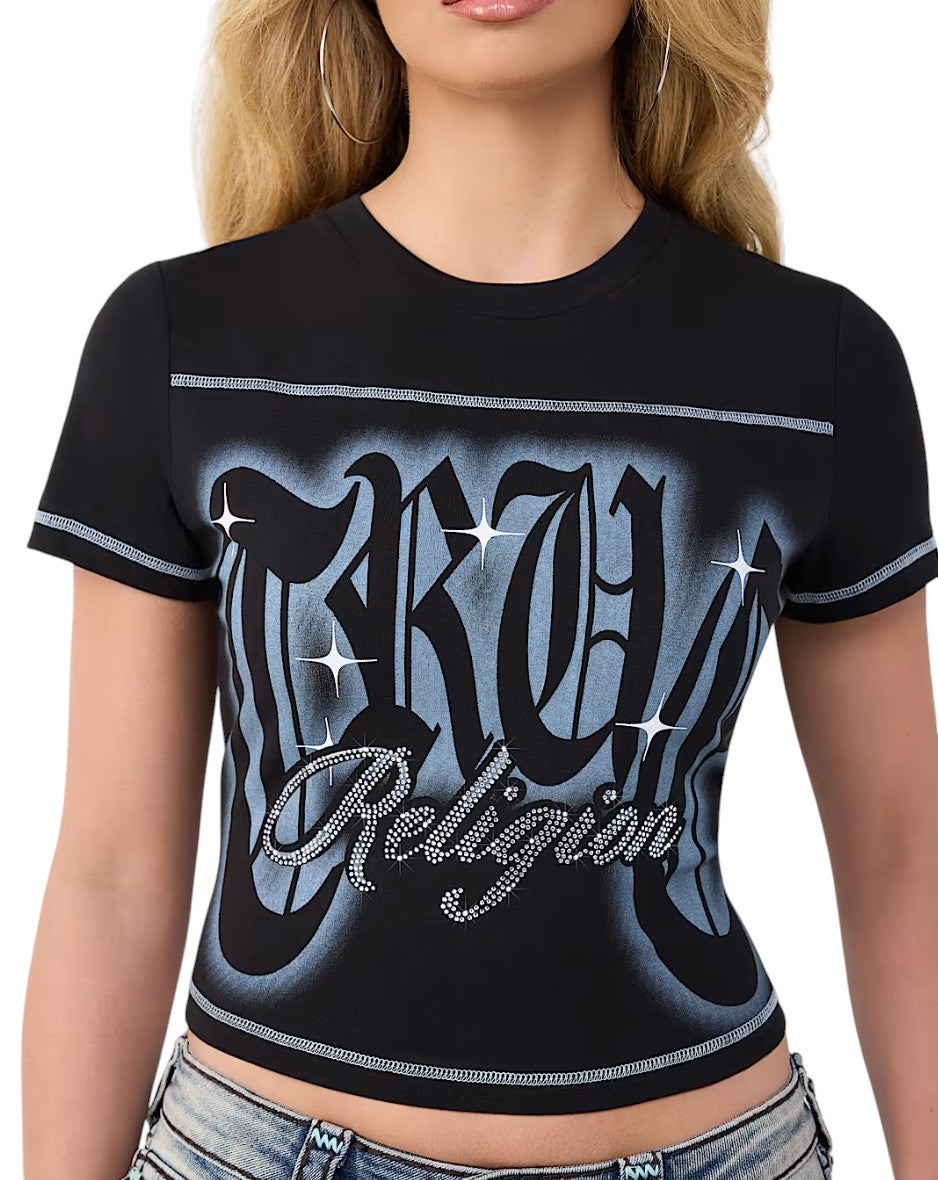 On Time Fashions black baby tee with crystal embellished True Religion logo graphic and contrast stitching.