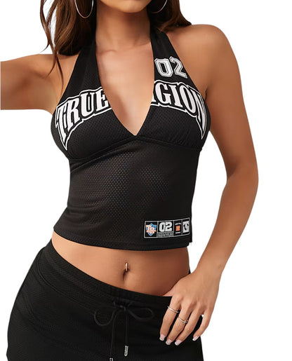 On Time Fashions True Religion black mesh halter top with white graphic print and sporty details.