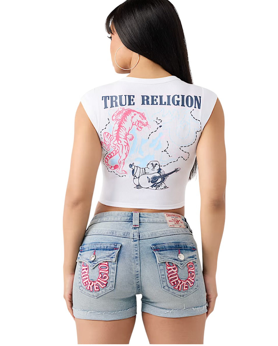 On Time Fashions white ribbed crop tee with True Religion tiger and Buddha graphic print. Short sleeves.