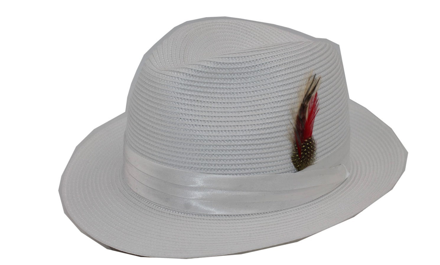 On Time Fashions white woven fedora hat with satin band and decorative feather accent.