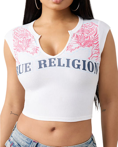 On Time Fashions white ribbed crop tee with cap sleeves, V-notch neckline, and pink tiger graphics with True Religion logo.
