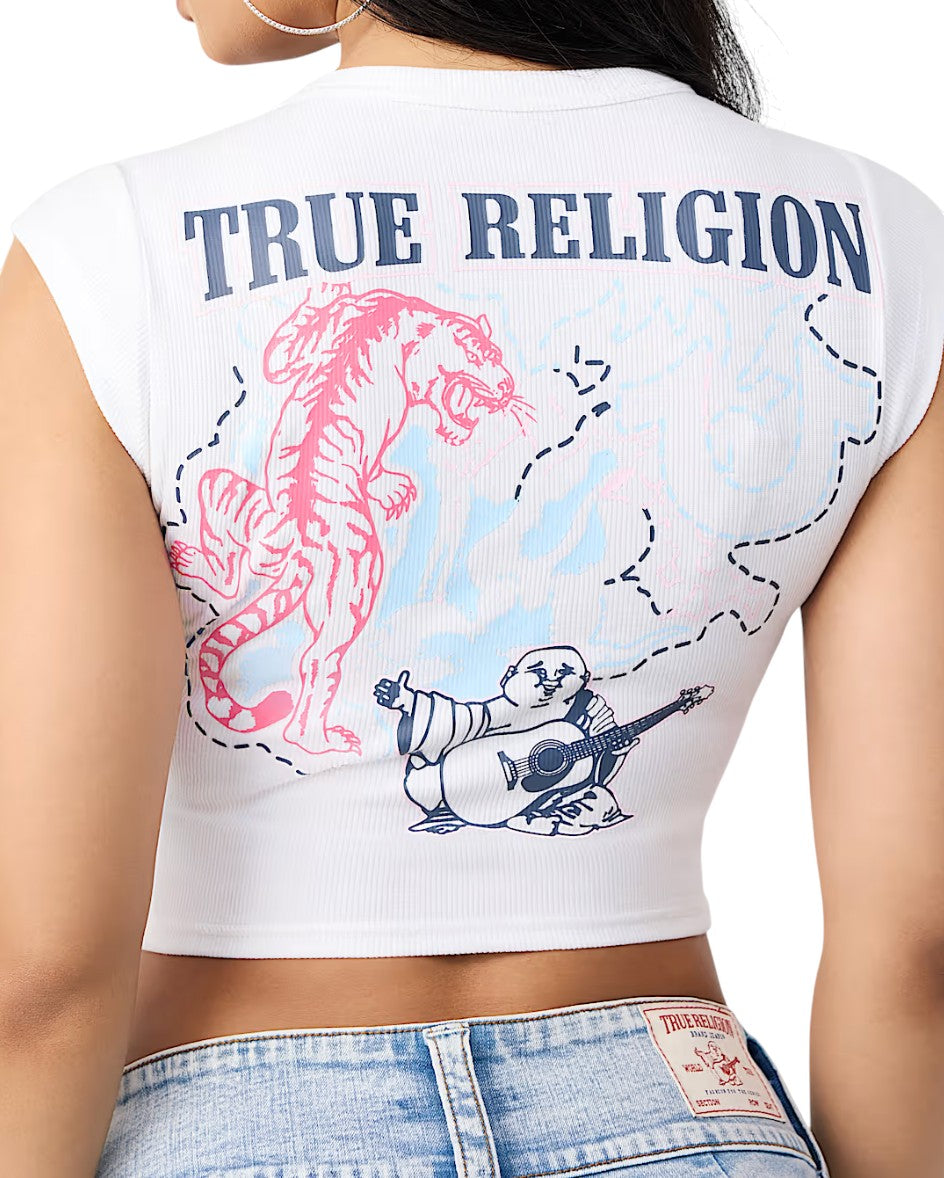 On Time Fashions white ribbed crop tee with True Religion logo, pink tiger graphic, and Buddha playing guitar.