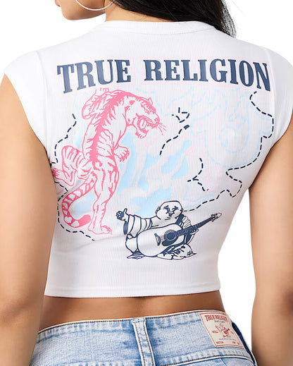 On Time Fashions white ribbed crop tee with True Religion logo, pink tiger graphic, and Buddha playing guitar.