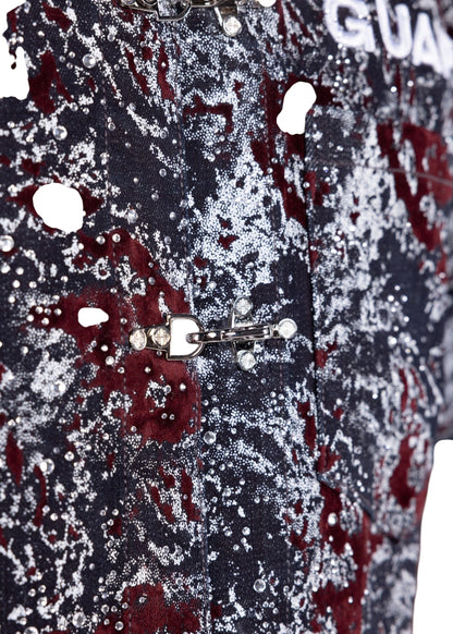 On Time Fashions wine red laser-distressed velvet shirt with crystal embellishments and silver metal clasp closures.