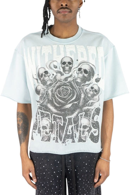 On Time Fashions light blue crop tee with skull and rose graphic, rhinestone accents, and raised lettering.