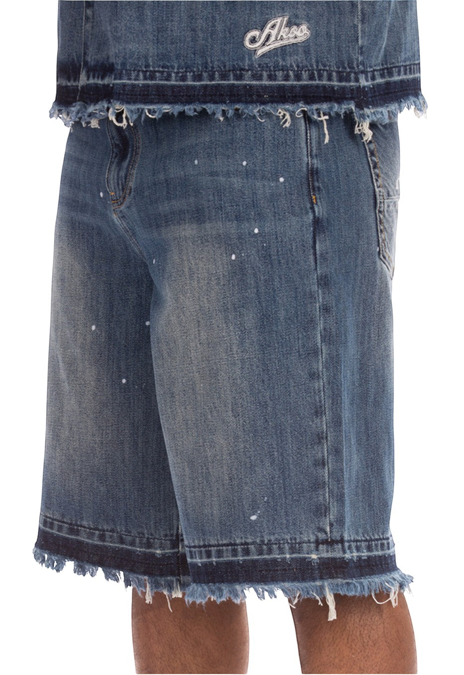 On Time Fashions Akoo Montgomery denim shorts with paint splatter and distressed frayed hem.