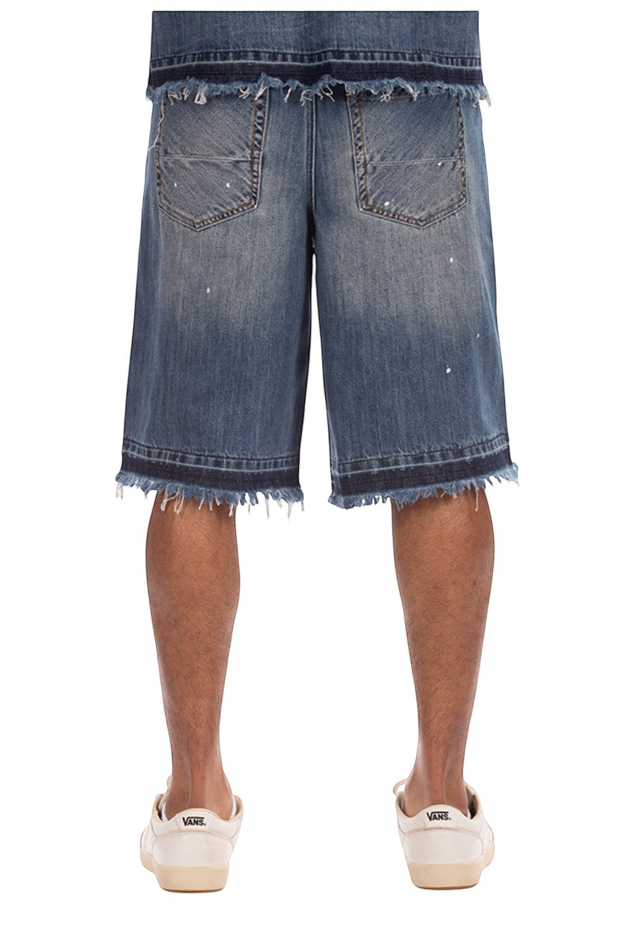 On Time Fashions Akoo Montgomery denim shorts with paint splatter, distressed detailing, and frayed hem.