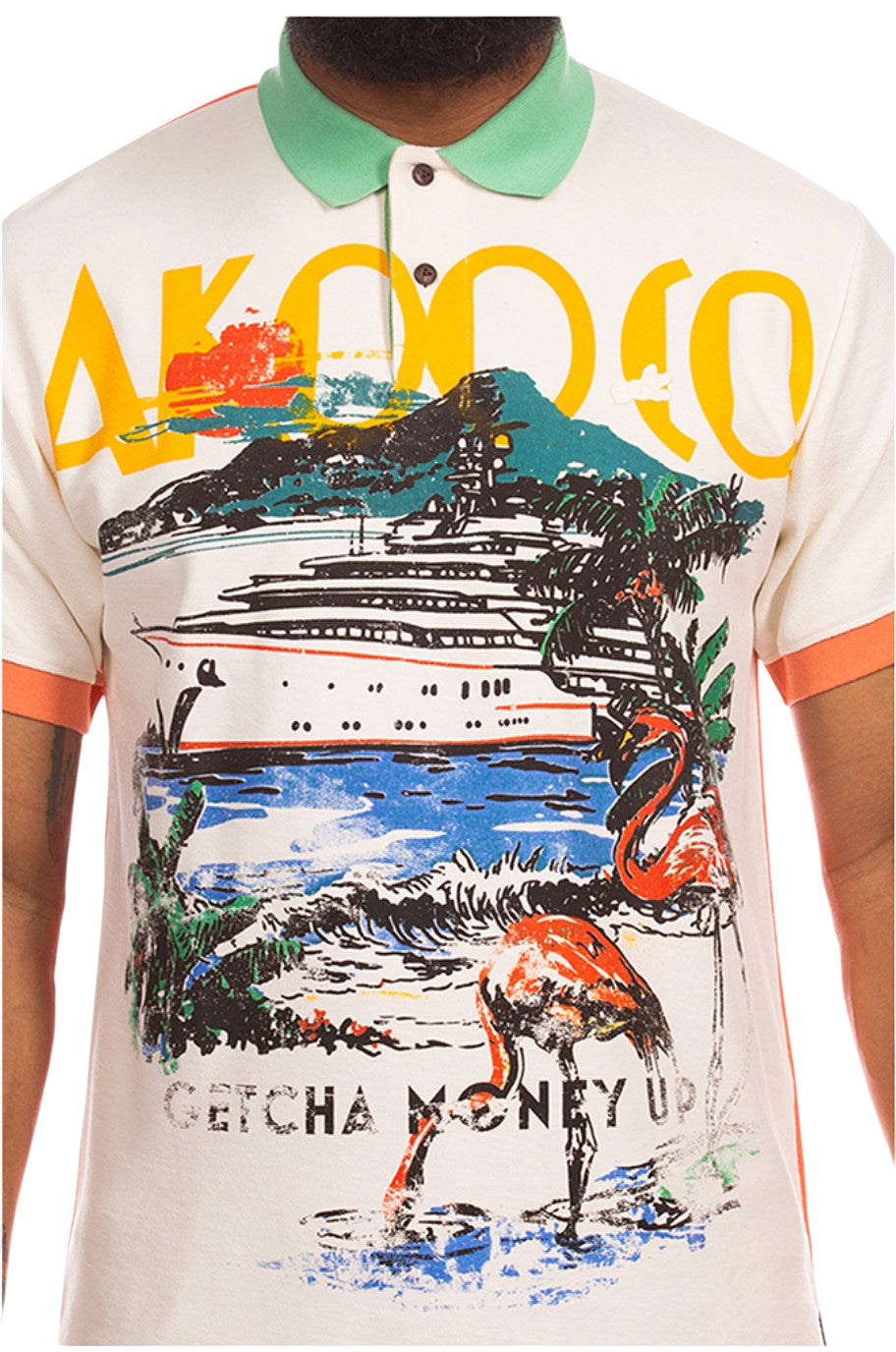 On Time Fashions Akoo We Out Polo: Cream cotton blend short sleeve polo with green collar, orange trim, and a graphic print of a yacht, flamingos, and mountains.