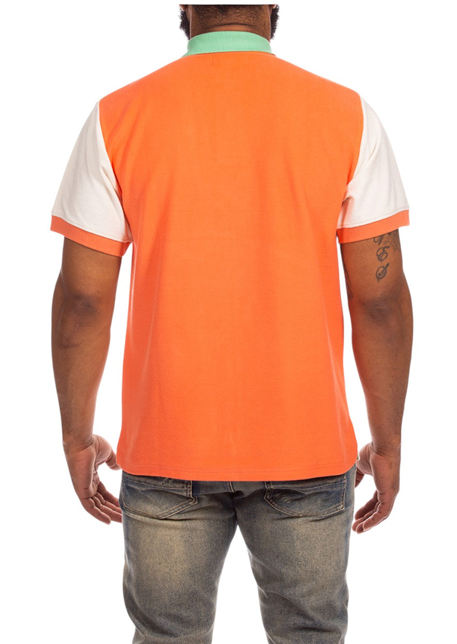 On Time Fashions Akoo We Out Polo: Orange short sleeve polo with cream sleeves and mint green collar. Cotton/poly blend.