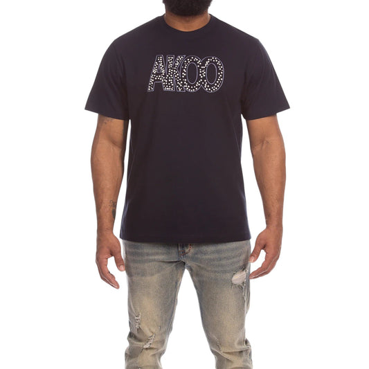On Time Fashions navy blue 100% cotton crewneck tee with AKOO logo embellished with ceramic stones and rhinestones.