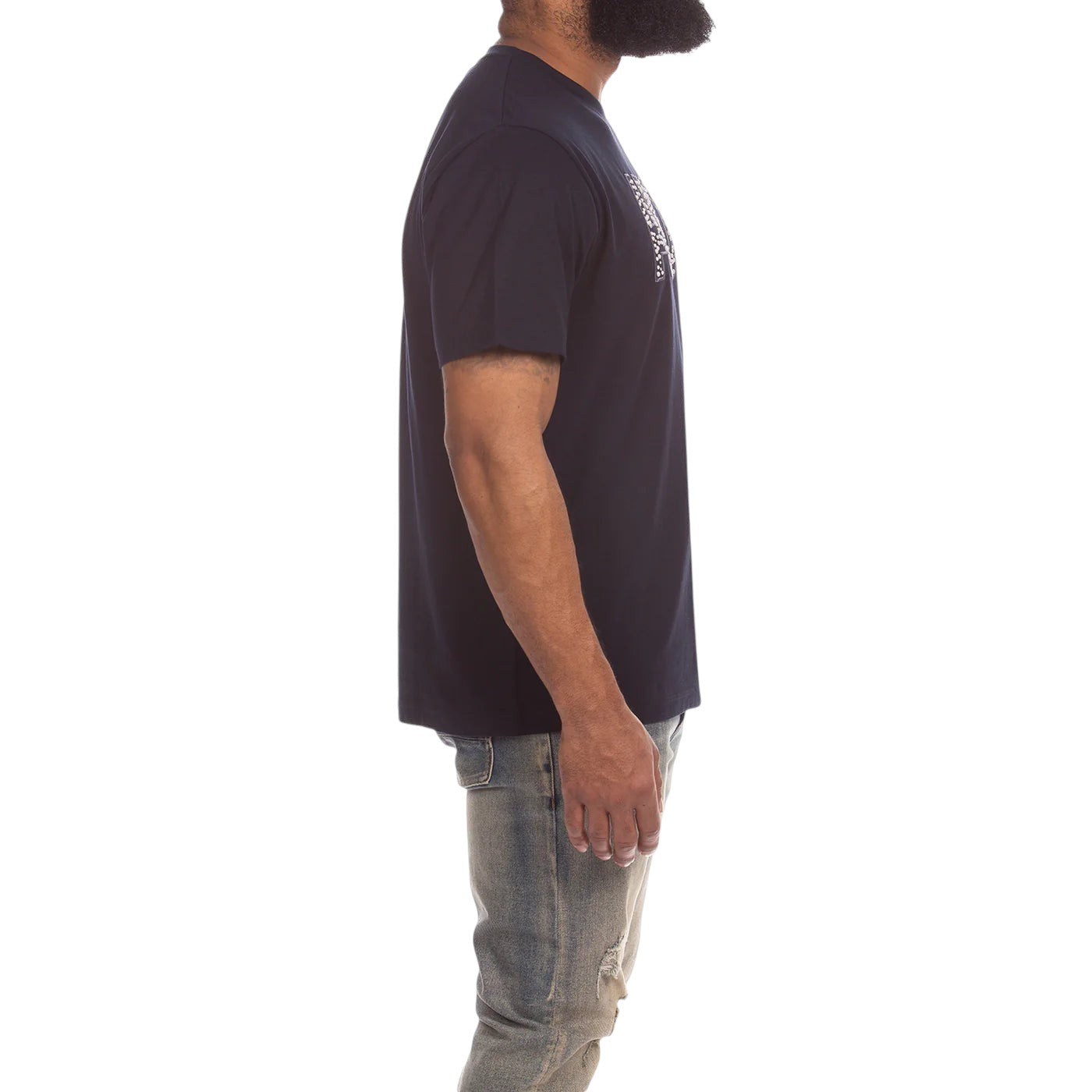 On Time Fashions navy blue 100% cotton crewneck tee with AKOO logo embellished with ceramic stones and rhinestones.
