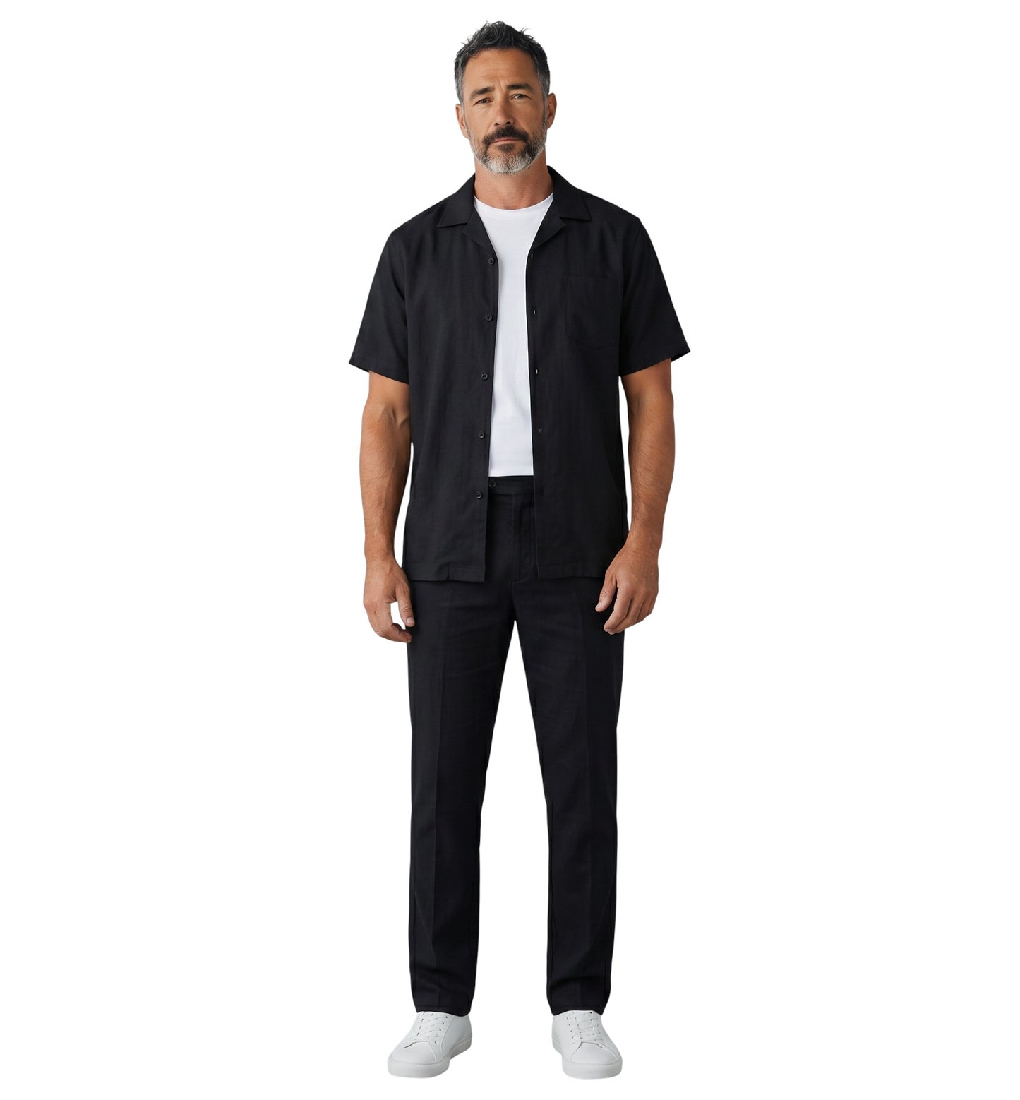 On Time Fashions Bagazio solid black short sleeve walking pants set with white t-shirt underneath.
