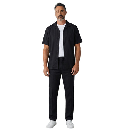 On Time Fashions Bagazio solid black short sleeve walking pants set with white t-shirt underneath.