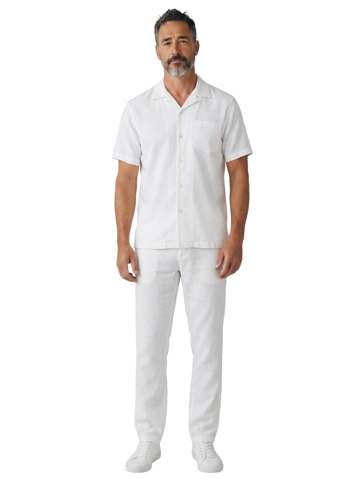 On Time Fashions Bagazio solid white short sleeve walking pants set with button-up shirt and matching bottoms.