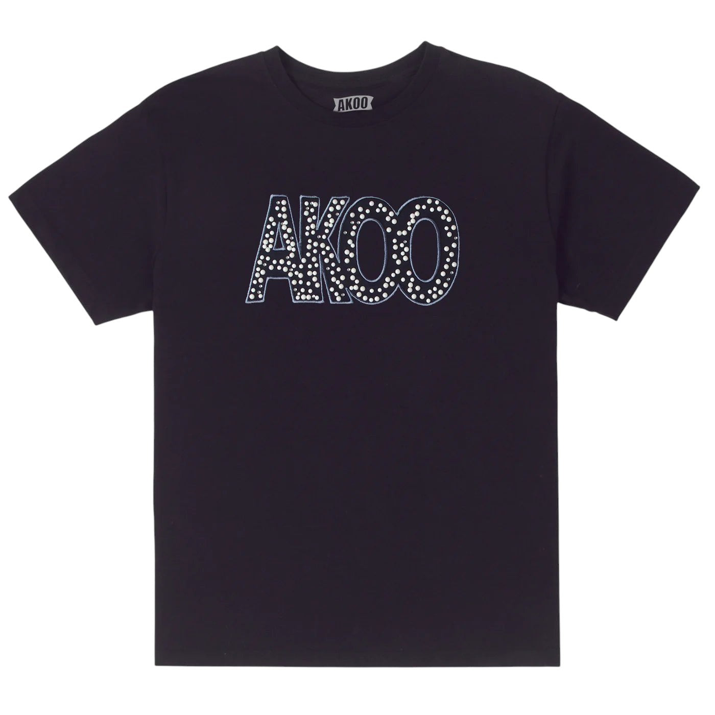 On Time Fashions black 100% cotton crewneck t-shirt with AKOO logo embellished with ceramic stones and rhinestones.