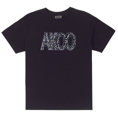 On Time Fashions black 100% cotton crewneck t-shirt with AKOO logo embellished with ceramic stones and rhinestones.