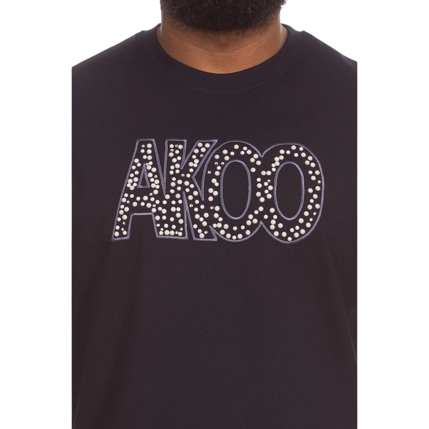 On Time Fashions black 100% cotton crewneck tee with AKOO logo embellished with ceramic stones and rhinestones.