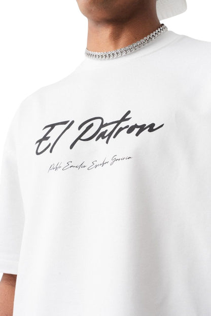 On Time Fashions white cotton El Patron graphic tee with Pablo Emilio Escobar Gaviria text.