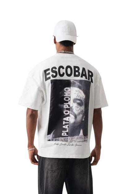 On Time Fashions white cotton t-shirt with a graphic print of Pablo Escobar and the text "ESOBAR" and "PLATA O PLOMO".