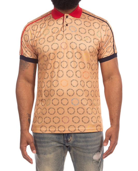On Time Fashions Akoo Captain Polo shirt in tan with all-over circular logo print, red collar, and dark trim.