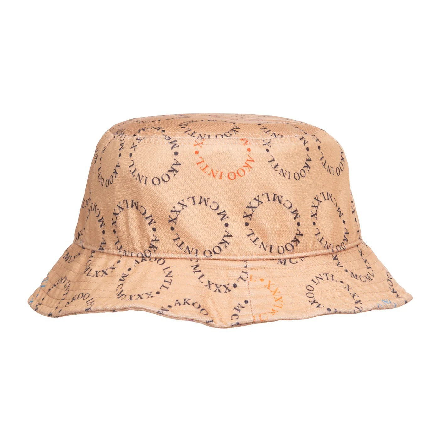 On Time Fashions Akoo Catamaran bucket hat in peach with allover print and raised rubber applique.
