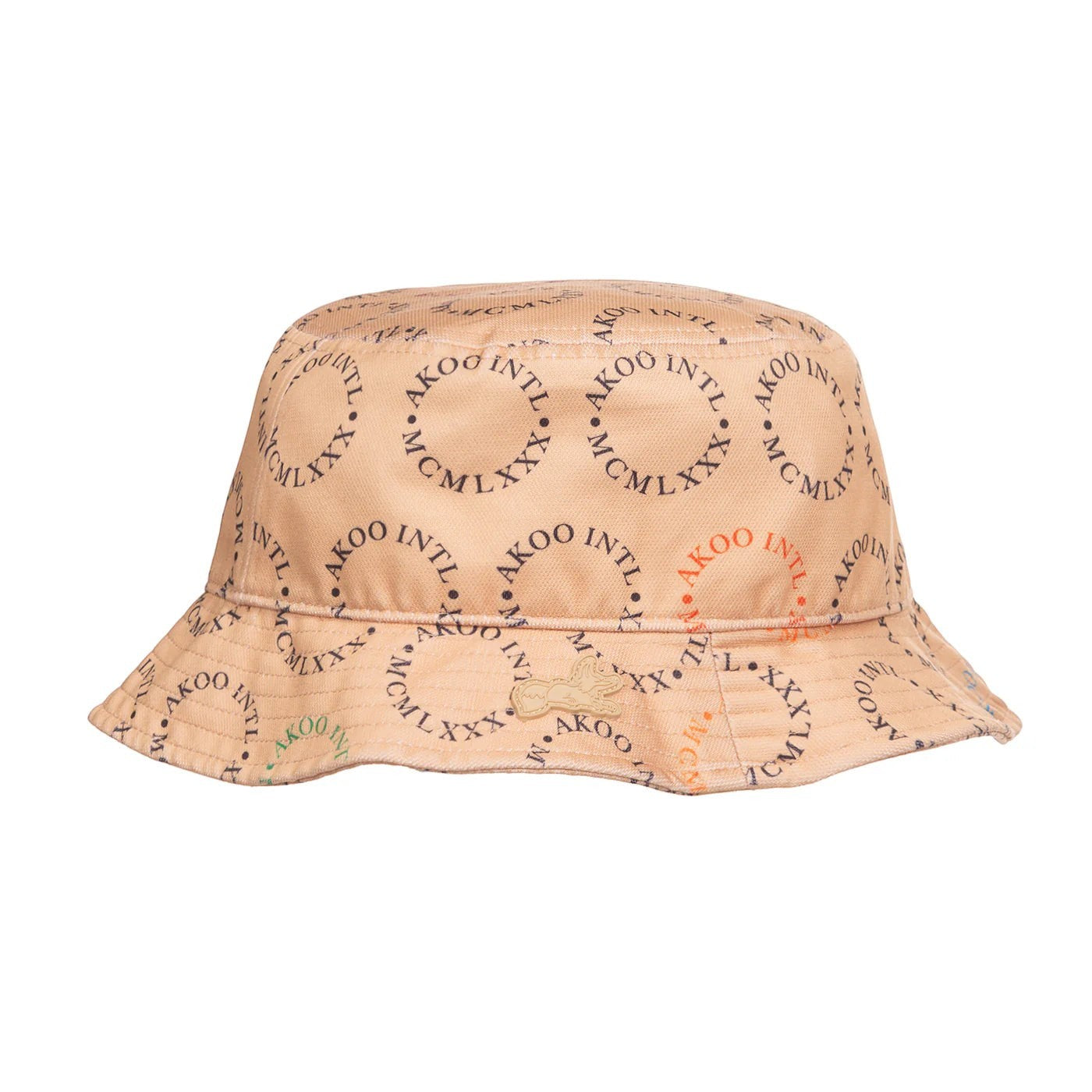 On Time Fashions Akoo Catamaran bucket hat in tan with allover print and rubber applique. Cotton.