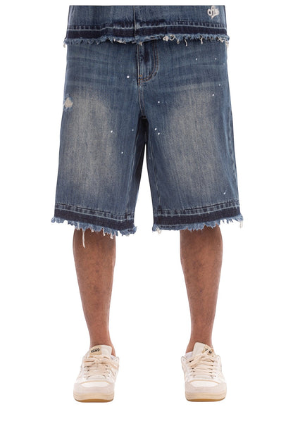 On Time Fashions Akoo Montgomery denim shorts with paint splatter, distressed details, and frayed hem.