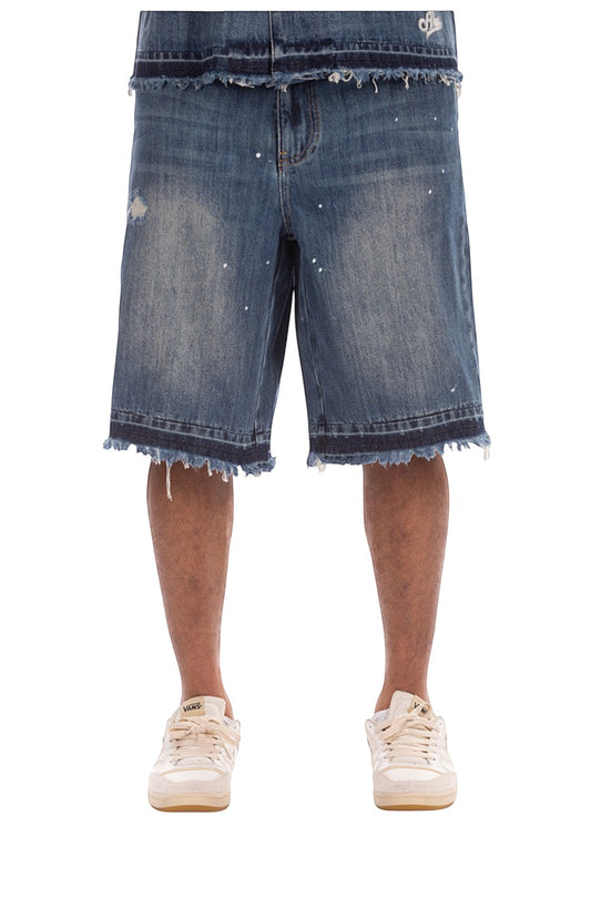On Time Fashions Akoo Montgomery denim shorts with paint splatter, distressed details, and frayed hem.