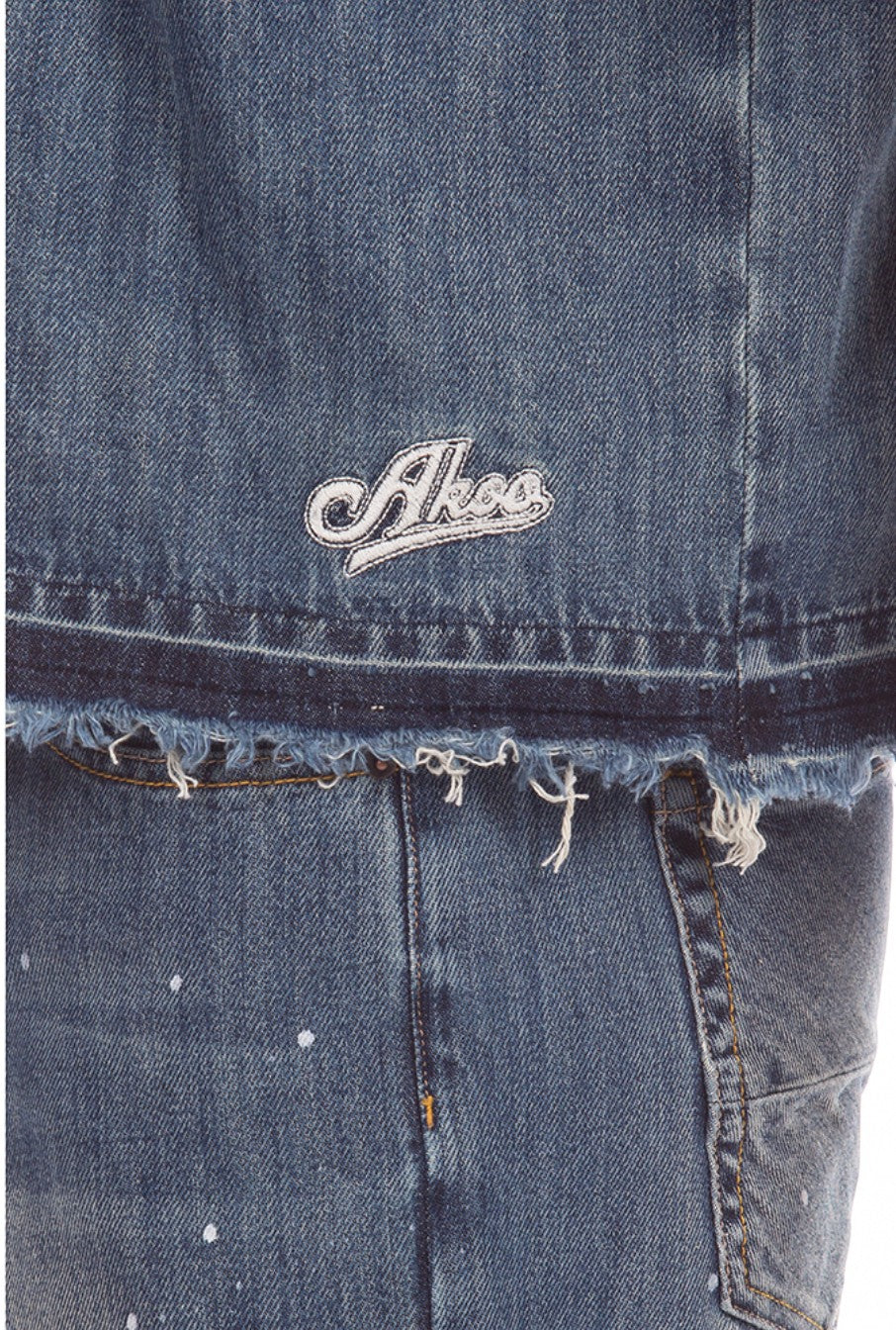 On Time Fashions Akoo SS Woven denim shirt with paint splatter and frayed hem.