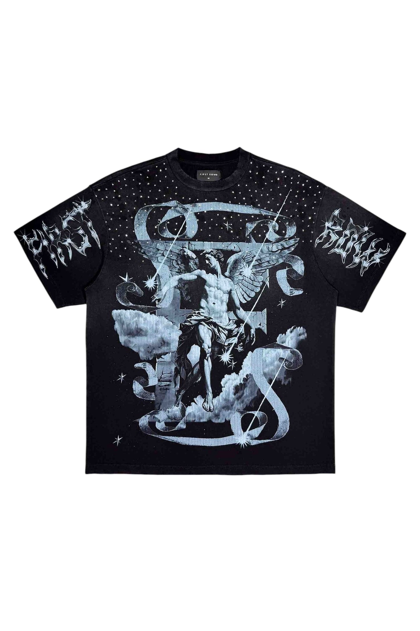 On Time Fashions black cotton tee with a celestial graphic featuring an angel, clouds, stars, and distressed text. Embellished with rhinestones on the shoulders and neckline.