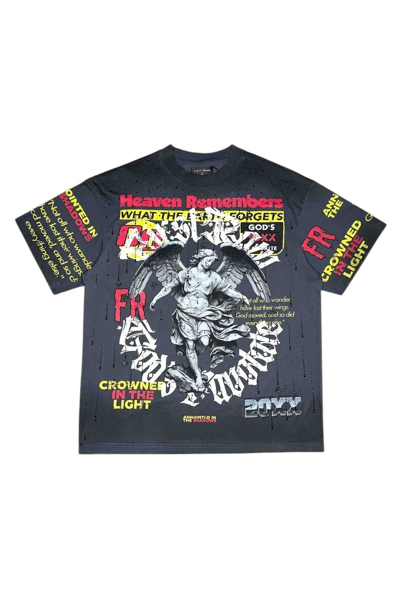 On Time Fashions black graphic t-shirt with angel design, distressed details, and bold typography. Features text like "Heaven Remembers" and "God's Favorite."