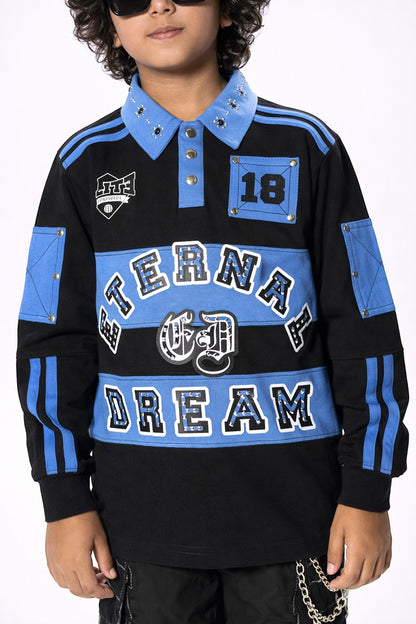 On Time Fashions black and blue long-sleeve polo shirt for kids with rhinestone and pearl embellished collar and "Eternal Dream" graphic.
