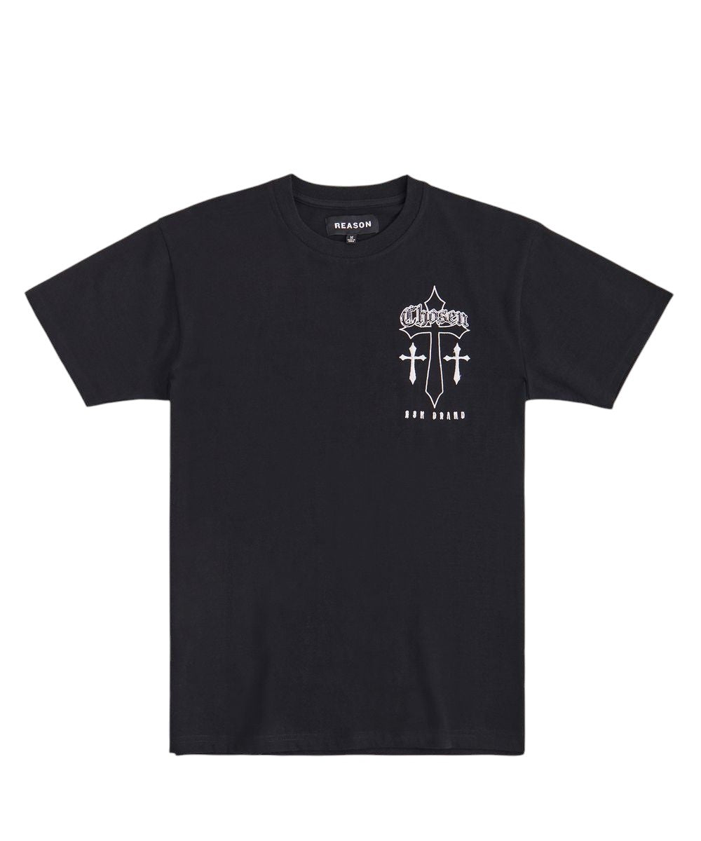 On Time Fashions black cotton t-shirt with white 'Chosen' graphic and cross design.
