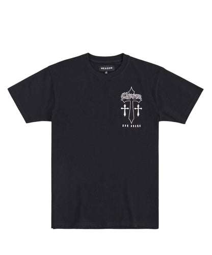 On Time Fashions black cotton t-shirt with white 'Chosen' graphic and cross design.