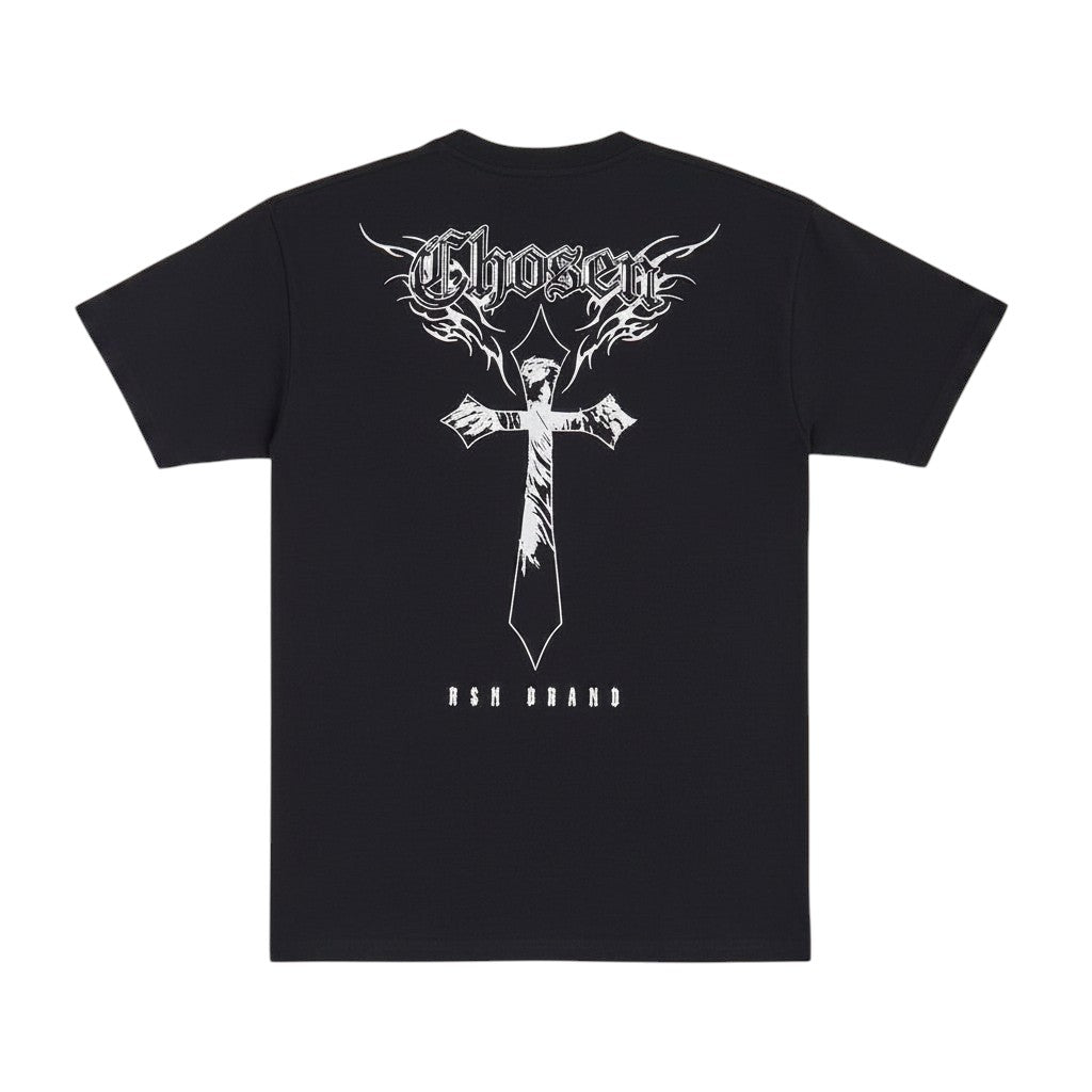 On Time Fashions black cotton t-shirt with a white graphic cross and 'Chosen' text on the back.