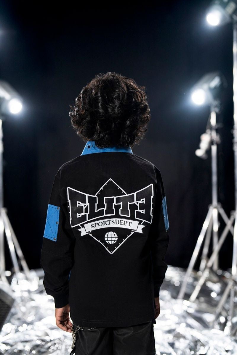 On Time Fashions black long-sleeve polo with blue collar and accents, featuring large 'ELITE SPORTSDEPT' graphic on back.