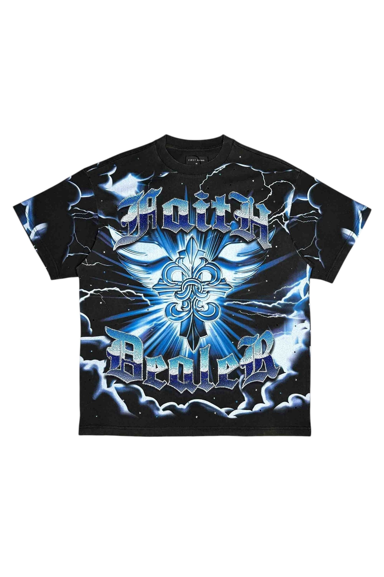 On Time Fashions black cotton t-shirt with blue lightning graphic and 'Faith Dealer' text in gothic font.