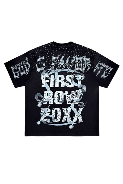 On Time Fashions black cotton t-shirt with 'God's Favorite Heavenfall' graphic and rhinestone details.