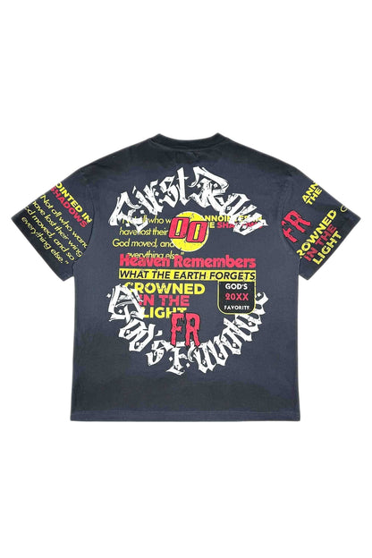On Time Fashions black cotton graphic t-shirt with 'God's Favorite' text and distressed details.