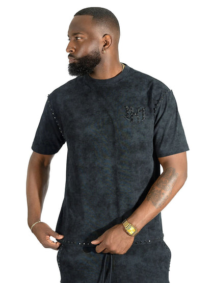 On Time Fashions black mineral wash t-shirt with studded details on shoulders and hem, featuring a chest logo.