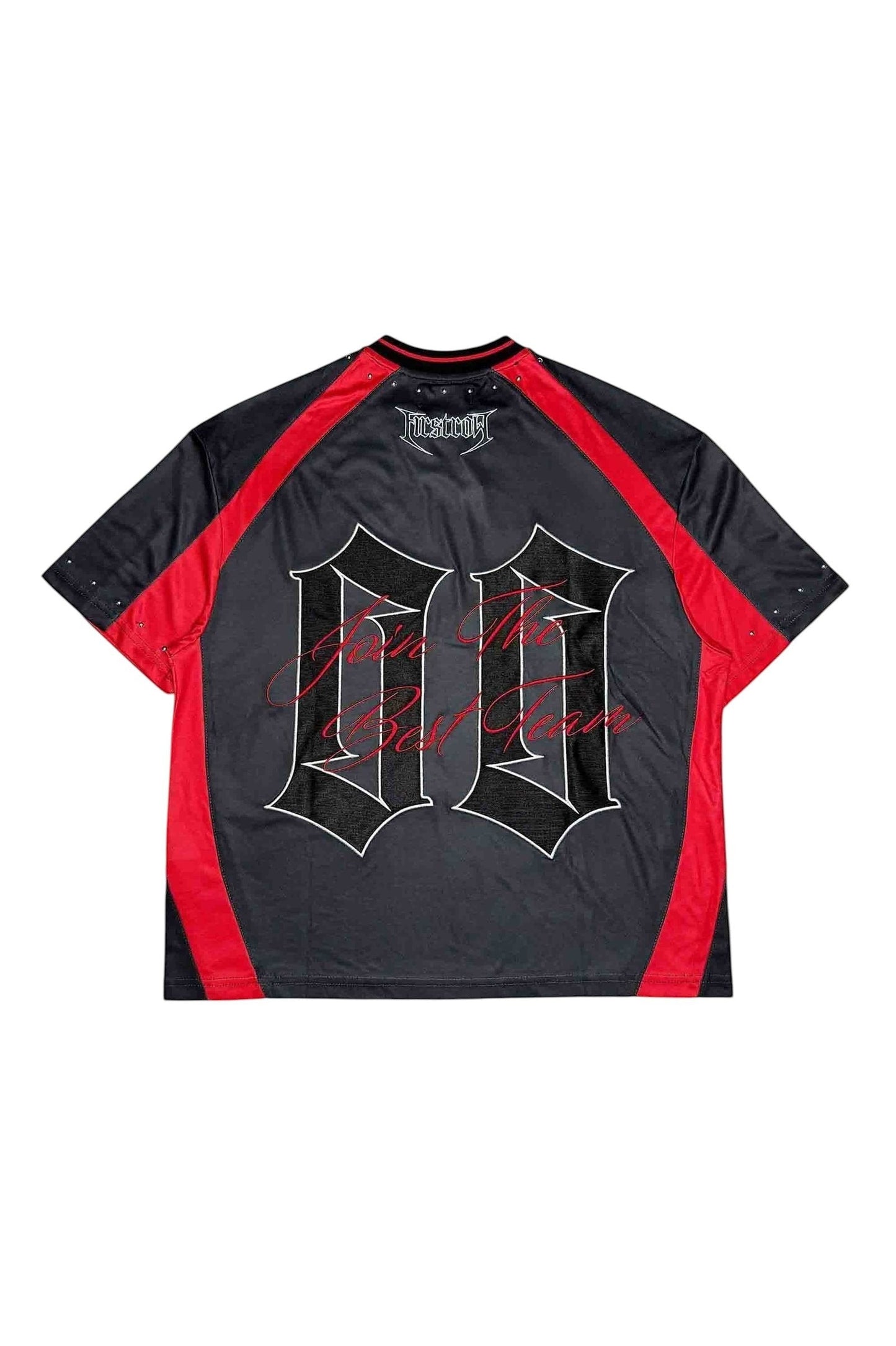 On Time Fashions black and red short sleeve sports jersey with large white outlined '00' graphic and red script text on back.