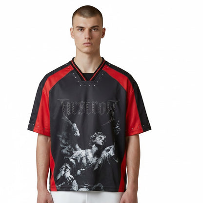 On Time Fashions black and red short sleeve sports jersey with angel graphic and rhinestone "FIRST ROW" text.