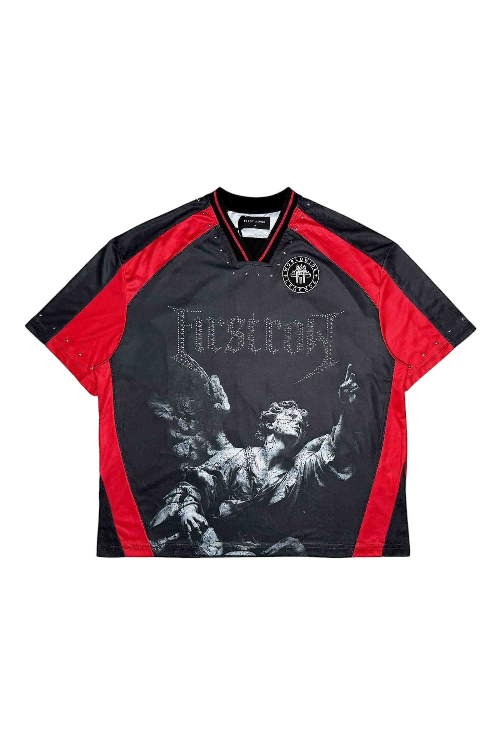 On Time Fashions black and red short sleeve sports jersey with angel graphic, rhinestone First Row text, and '00' graphic on back.