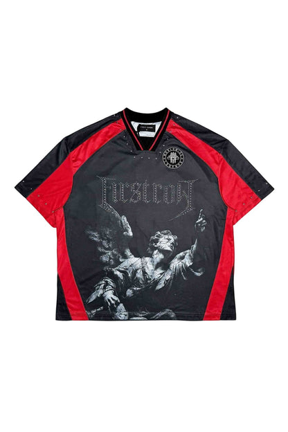On Time Fashions black and red short sleeve sports jersey with angel graphic, rhinestone First Row text, and '00' graphic on back.