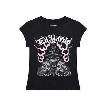 On Time Fashions black cap sleeve tee with Ed Hardy Panther Dagger rhinestone graphic and pink flames.