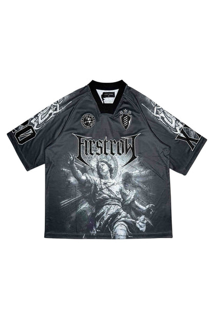 On Time Fashions black short sleeve sports jersey with a distressed graphic print of an angel and the 'First Row' logo.