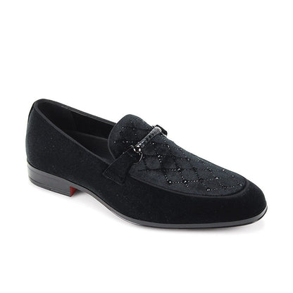 On Time Fashions black velvet loafers with quilted detail and crystal embellishments. Slip-on style with metal buckle accent.
